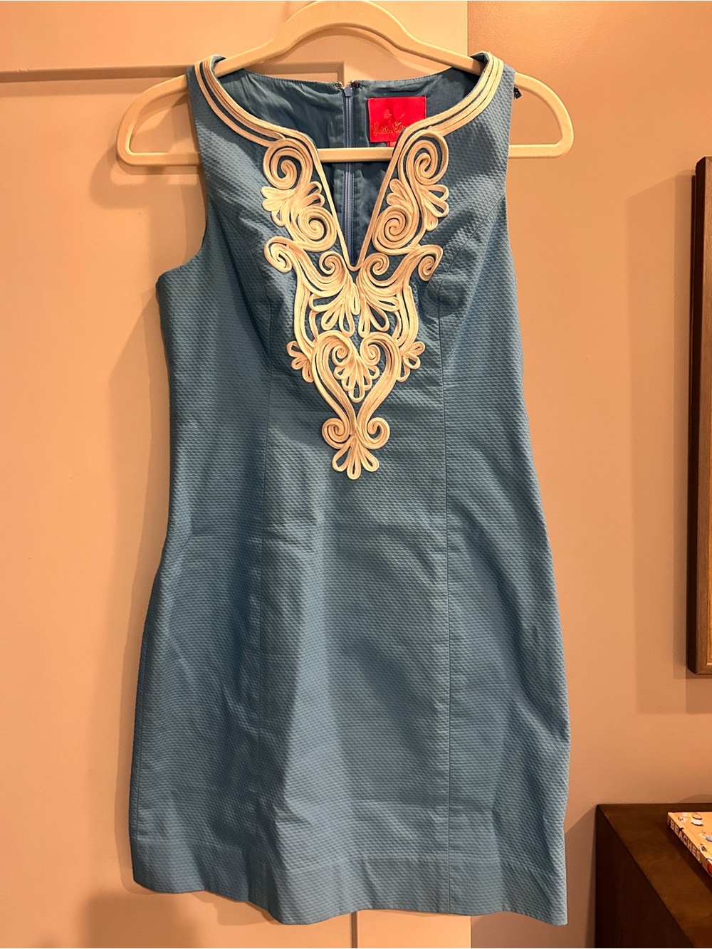Sleeveless Blue Dress with Cream Embellished Neckline